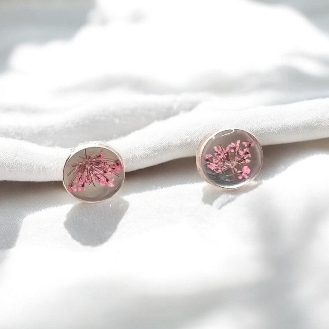 Round Silver Pink Queen Annes Lace Stud Earrings.  Great gift for woman women and teens.