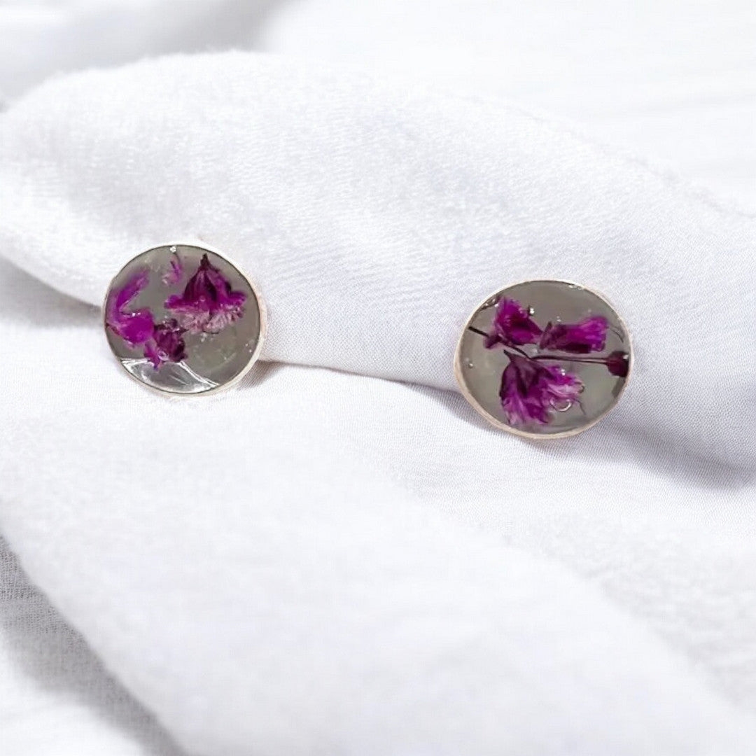 Round Silver Purple Babys Breath Stud Earrings.  Great gift for woman women and teens.