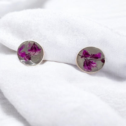 Round Silver Purple Babys Breath Stud Earrings.  Great gift for woman women and teens.