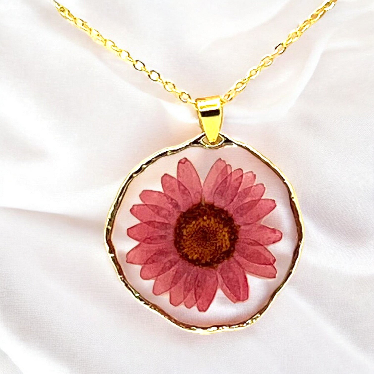 Real Pressed Flower Pink Daisy Gold Necklace.  Great gift for women woman teen