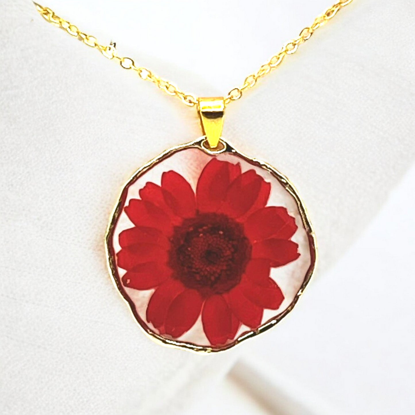 Real Pressed Flower Red Daisy Gold Necklace.  Great gift for women woman teen