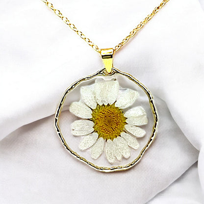 Real Pressed Flower White Daisy Gold Necklace.  Great gift for women woman teen