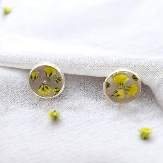 Round Silver Yellow Babys Breath Stud Earrings.  Great gift for woman women and teens.