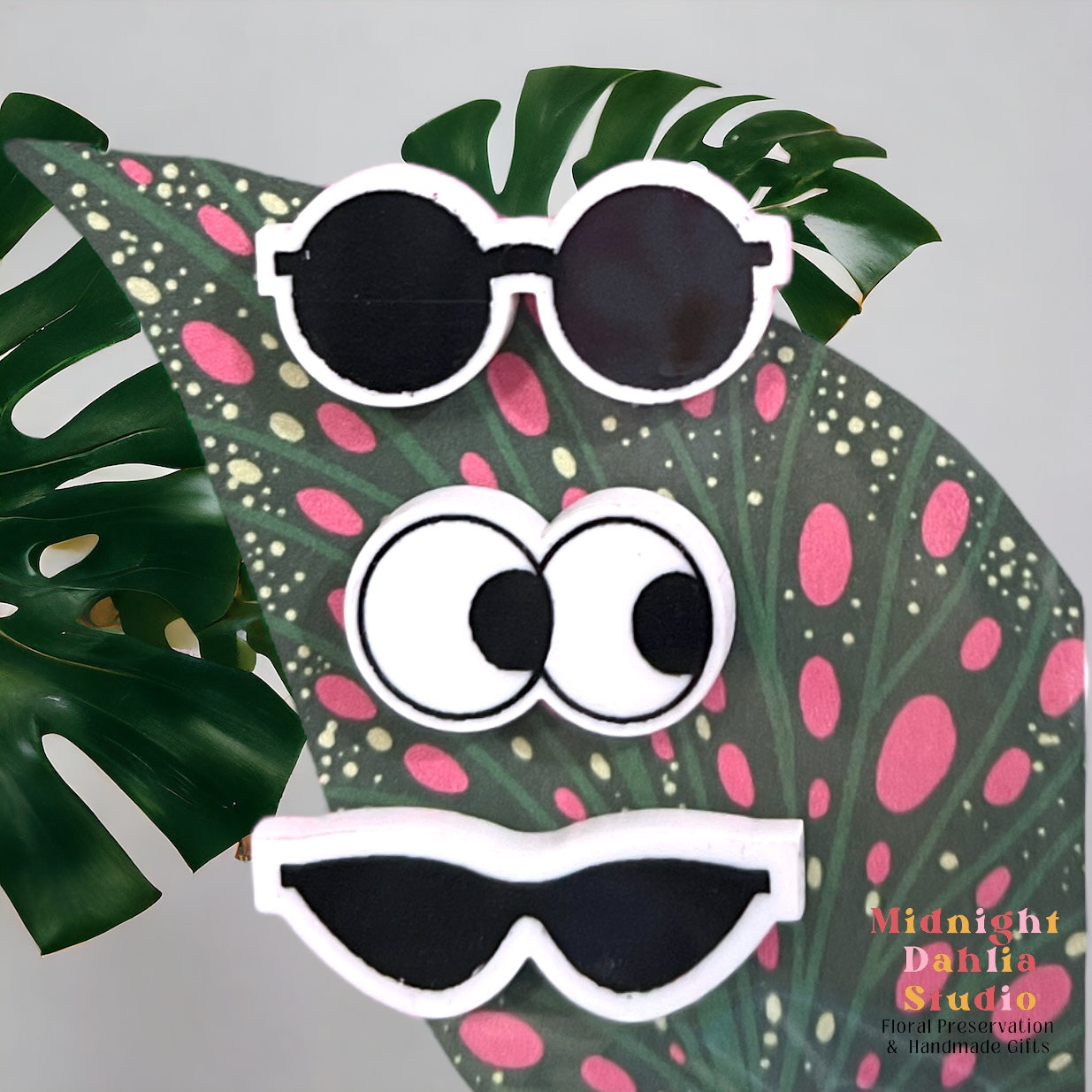 a set of three plant personality magnets, one being a pair of round sunglasses, a pair of eyes looking to the right, and a pair of retro cat eye sunglasses.