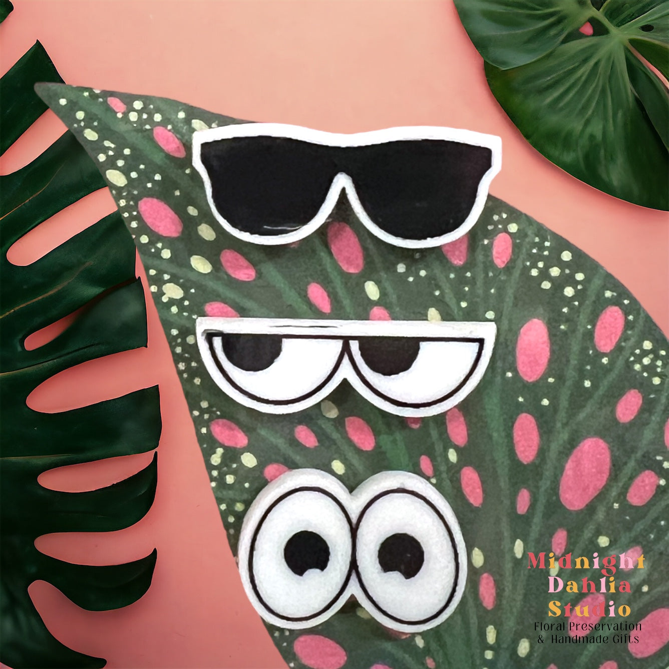 a set of three plant personality magnets in sunglasses, sneering eyes, and googly eyes