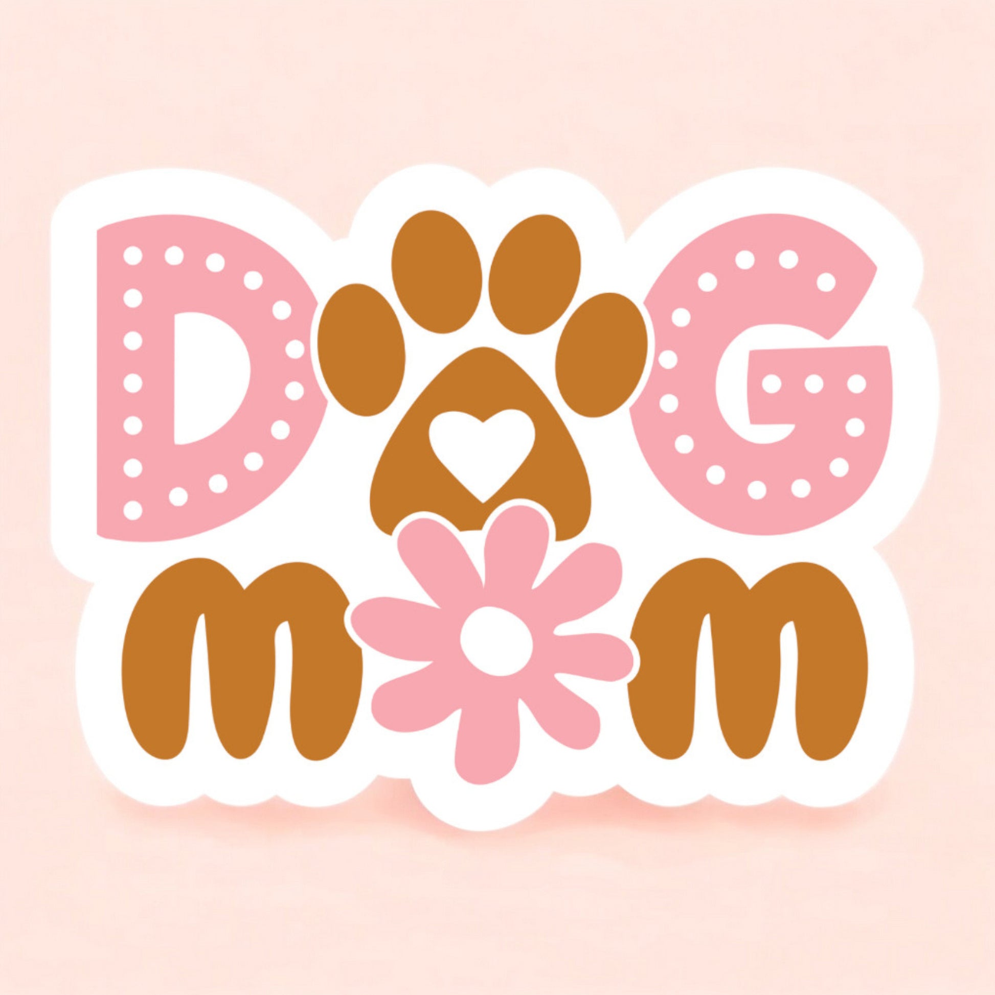 a white background sticker that reads dog mom with a paw print as the o in dog and a daisy as the o in mom.  the sticker is printed in brown and pink.