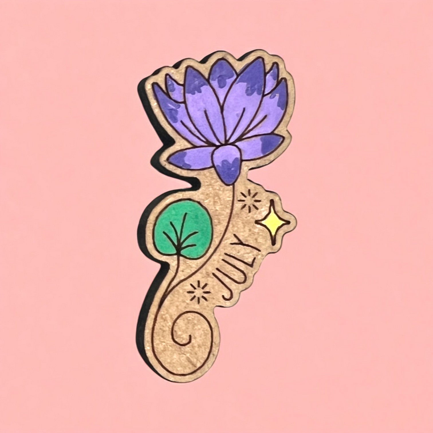 magnet with a cartoon style flower of each birth flower with the month typed on it, all hand-painted and laser cut