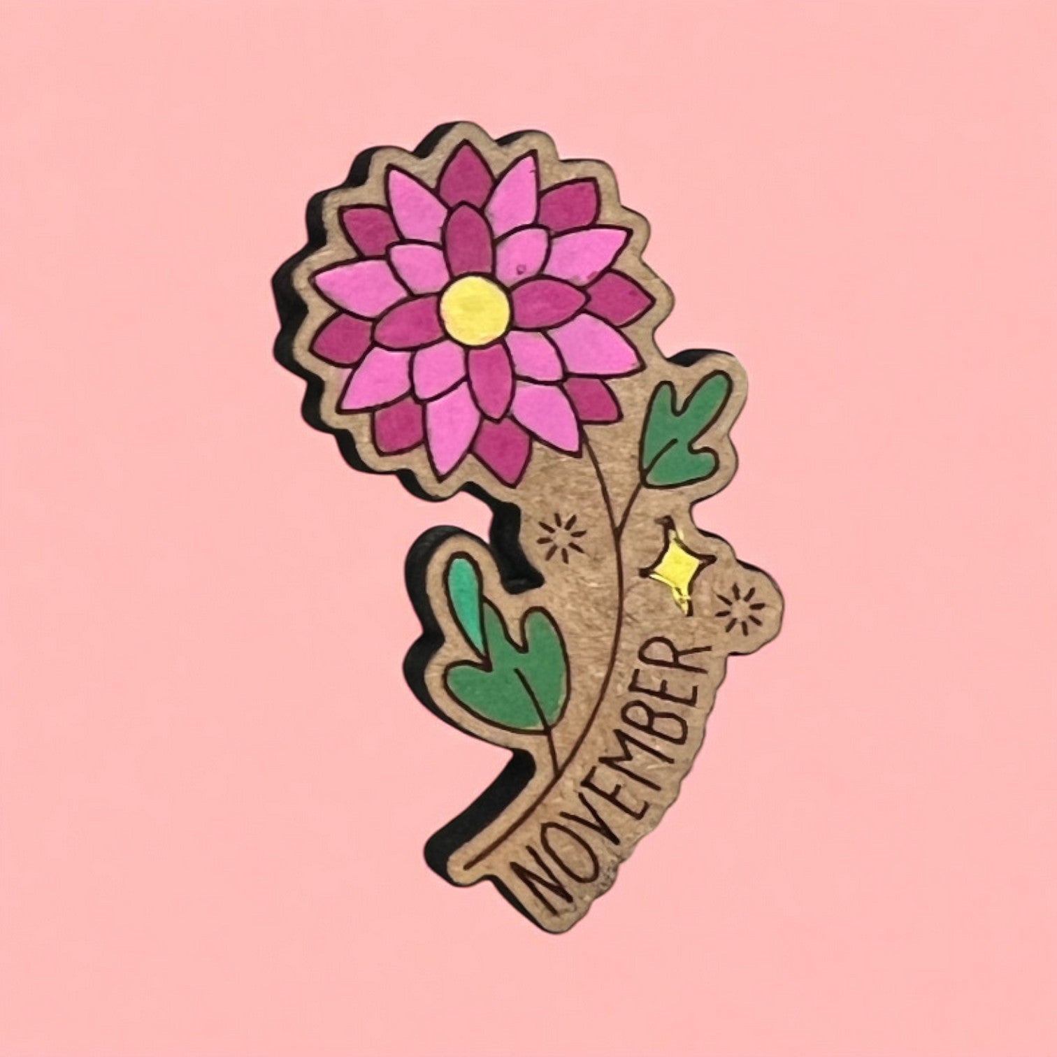 magnet with a cartoon style flower of each birth flower with the month typed on it, all hand-painted and laser cut