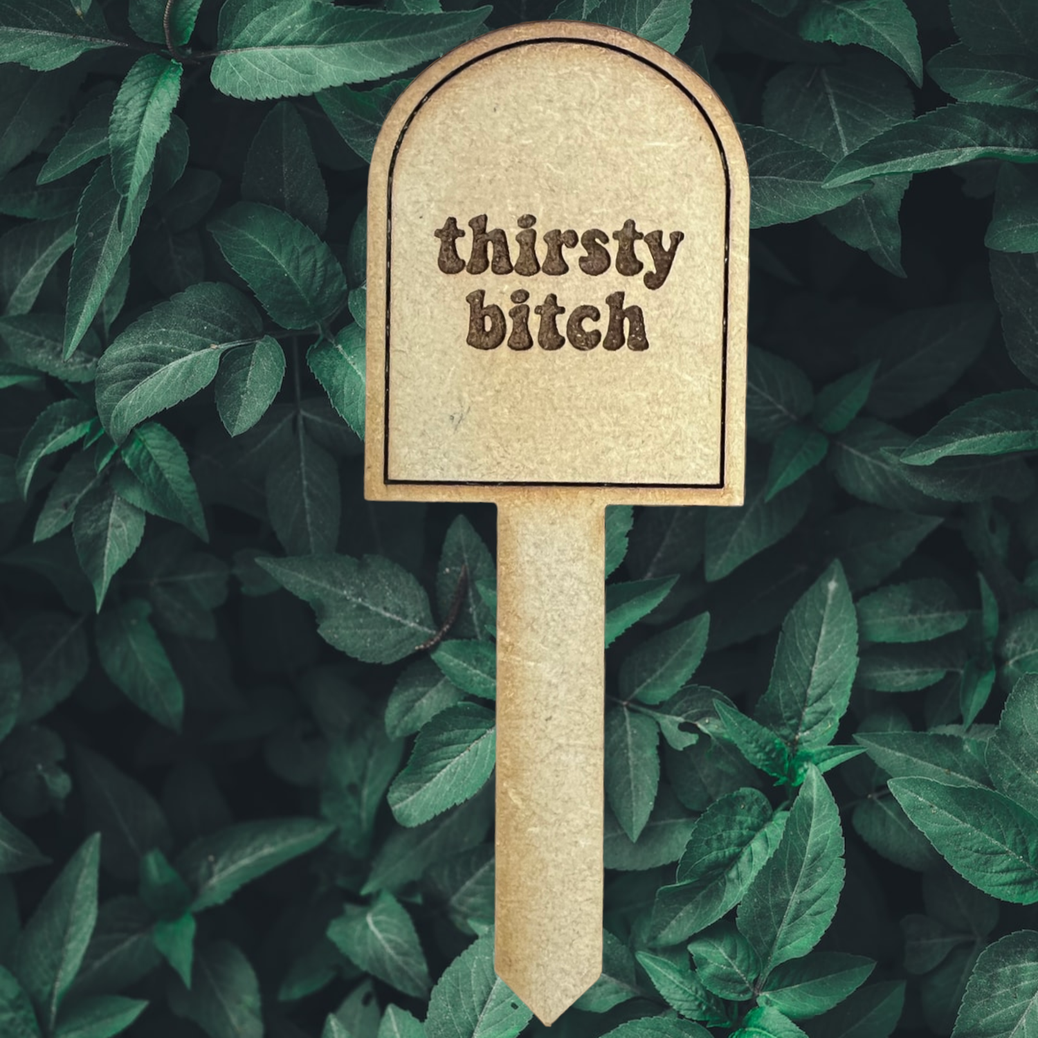 an arch plant stake that reads thirsty bitch